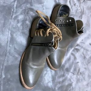 Freebird. Low heeled.  Leather lace up shoe boot.  distressed gray color